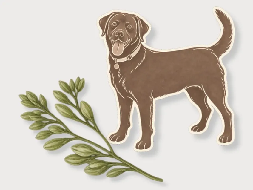 Wrenley the dog beside a sprig of leaves