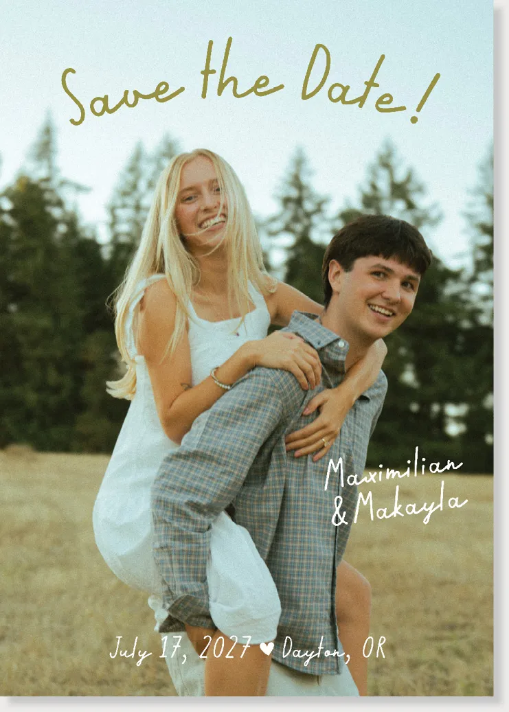 Save the date card: Makayla on Max's back in a field, with July 17, 2027 · Dayton, OR